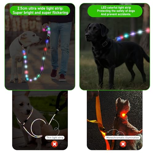 LED Hundeleine USB wiederaufladbar, 1,2 m wasserdicht & reflektierend, 3 Beleuchtungsmodi, Sicherheits-Leine für nächtliche Spaziergänge, Leuchtend Leine Hund für Große, Mittelgroße&Kleine Hunde