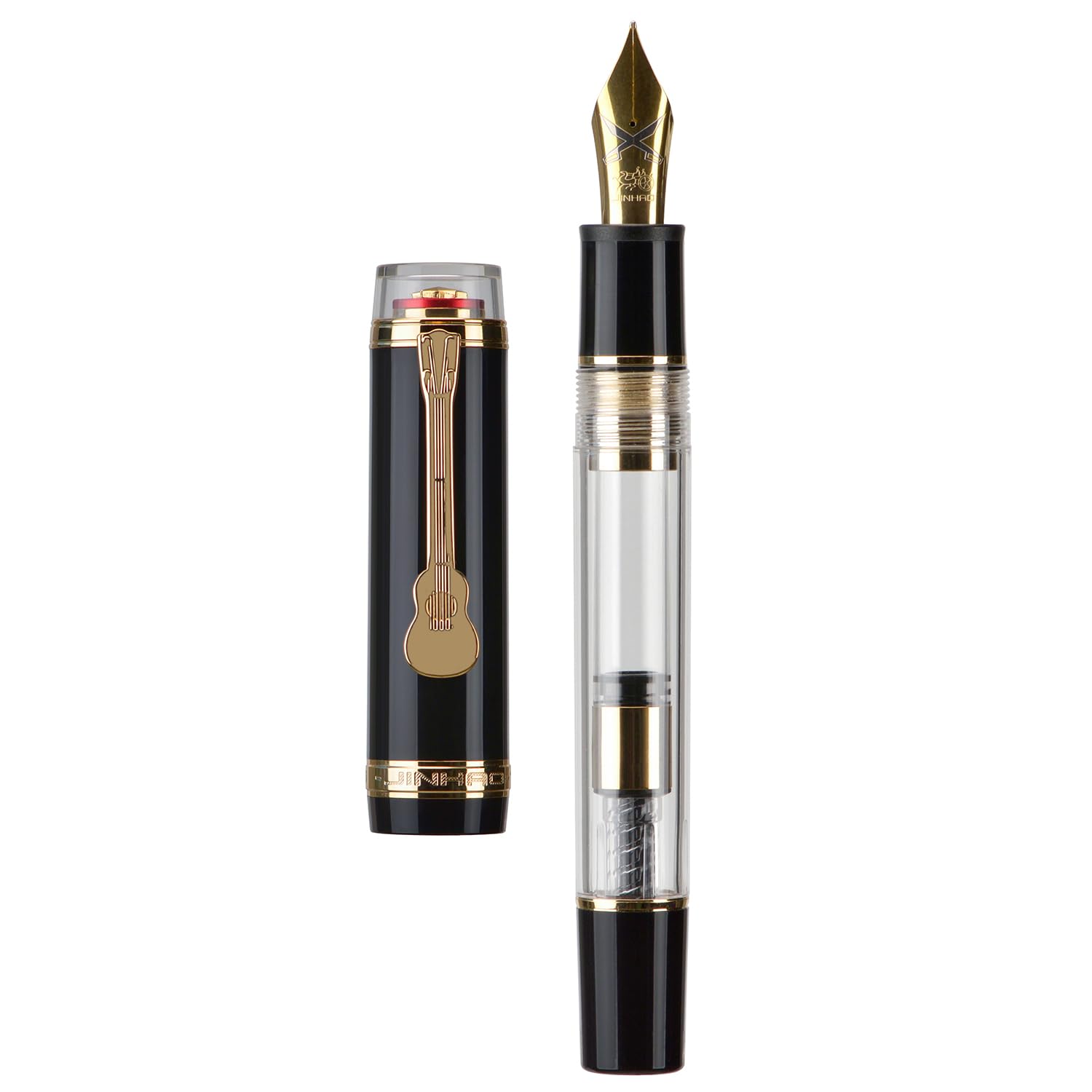 Jinhao Tiandao 1935 Fountain Pen #8 Sword Fine Nib, Black and Clear Acrylic with Large Converter and Guitar Clip