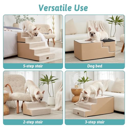 COZY KISS Hundetreppe für Kleine Hunde 60cm, 2-in-1 Haustiertreppe für Couch Bett Sofa, rutschfeste Hundetreppe für Welpen und alte Katzen, Beige