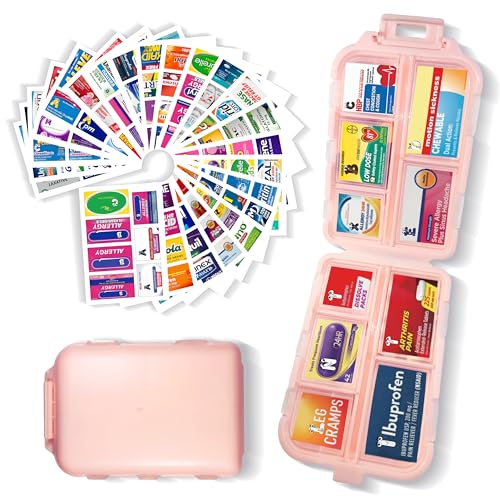 Image of Pill Organizer with 161 Medicine Labels, Pink Travel Pill Case | Compact 10-compartment pill case with 161 labels for daily vitamins, supplements, 7-day planning, purse, backpack, and travel