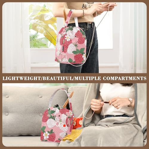 Image of Tatenale Crochet Bag Yarn Bag Knitting Project Bag with Pockets and Handle Portable Yarn Storage Organizer Tangle Free 8.3x11 InchPink White Strawberries Flowers25