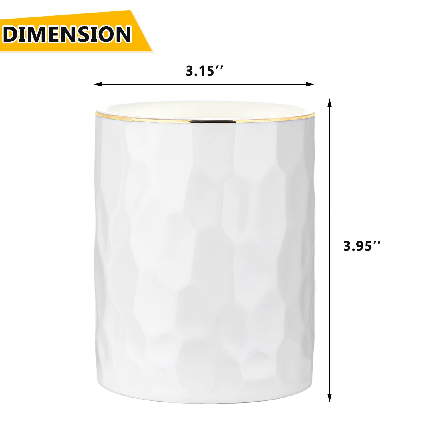 WHJY Ceramic White Pencil Cup, Makeup brushes Holder, Gold Pen Holder for Desk Cute Small Boho Brush Holder, Modern Geometry Design Pen Holder