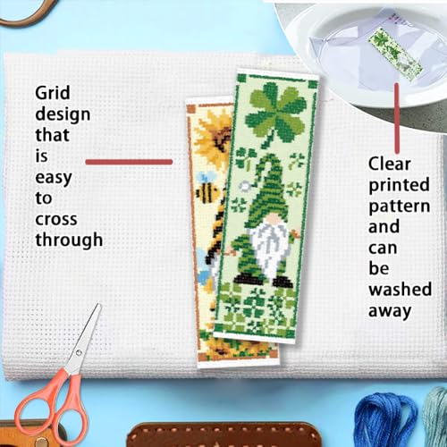Image of FREEBLOSS 6 Set Cross Stitch Bookmark Kit St. Patrick Gnome Pattern Stamped Cross Stitch Kit 11CT Christmas Embroidery Kits with Instructions for Beginners Adult 20x6cm /8x2.4inch