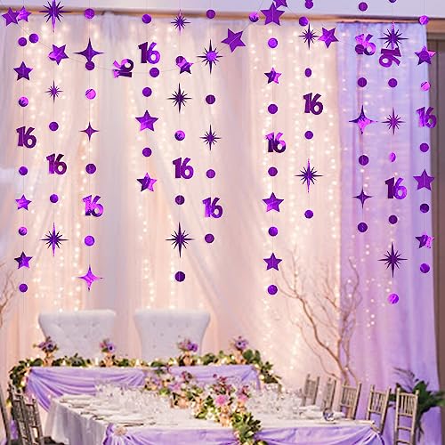 Image of Purple Number 16 Circle Dot Twinkle Star Garland Kit Metallic Hanging Streamer Bunting Banner Backdrop Decorations for Girls Boys 16th Birthday Sweet Sixteen Wedding Anniversary Bridal Shower Party