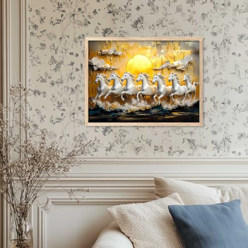 Image of HOTHOUSE 7 Horses Vastu Frame Wall Art Painting for Living Room Bedroom Office Home Decor | Seven Running Vastu Lucky Horse Rising Sun Painting Wall Decor Size (10X13 inch)