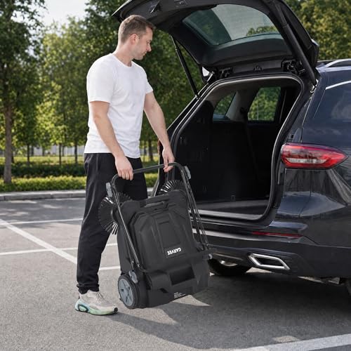 Image of Walk-Behind Hand Push Floor Sweeper, 25.6 Inch Wide Manual Non-Electric Sweeper with 5 Gallon Waste Bin, Adjustable Folding Handle Heavy Duty Yard Sweeper for Garage Patio Walkway Driveway Leaf Debris