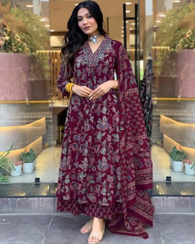 Image of GoSriKi Women's Rayon Viscose Anarkali Printed Kurta with Palazzo & Dupatta