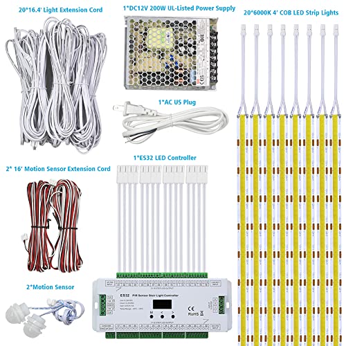 Image of 20-Step Intelligent Motion Sensor Stair Lights Kit, 47.2-Inch Cuttable COB LED Strip Lights for Indoor Stairs, PIR Smart Staircase Lighting with Daylight Sensor, Cool White (6000k)