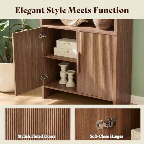 Image of AMERLIFE 71 inch Modern Bookcase Set of 2 with Storage Cabinet, 6-Tier Bookshelf with 3 Adjustable Shelves & Fluted Doors, Wood Curved Display Cabinet for Living Room, Dining Room, Home Office, Brown