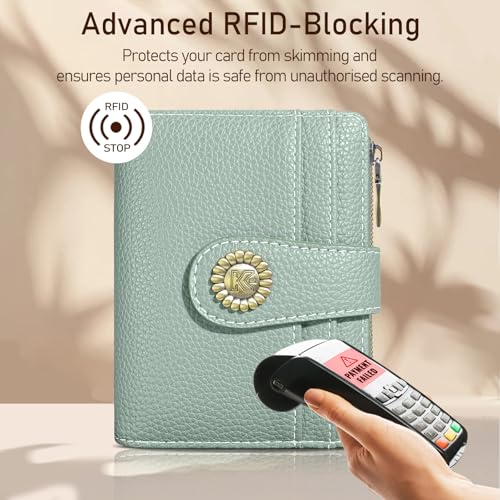 Image of Kelvoris Small Rfid Women Wallet Bifold Zipper Coin Pocket PU Leather Compact Cash Credit Card Holder Travel Wallet for Female Ladies Teen Girls 1 ID Window 10 Card Slots Sage Green