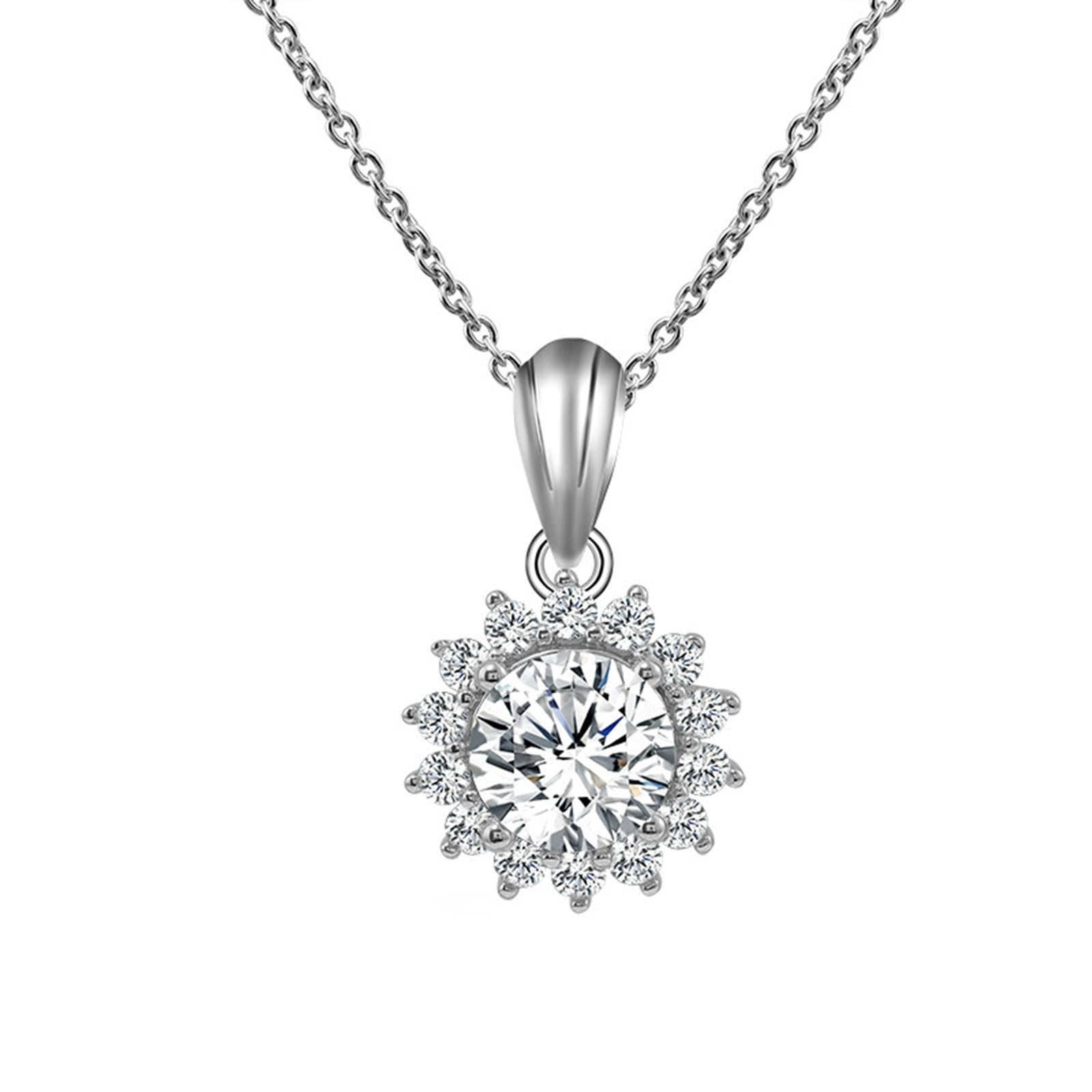 XYNSNDB Halskette aus 9-karätigem/14-karätigem/18-karätigem Weißgold für Damen, 1 Karat Moissanit-Sonnenblumen-Edelstein-Anhänger, Schmuckkette, Länge 45,7 cm