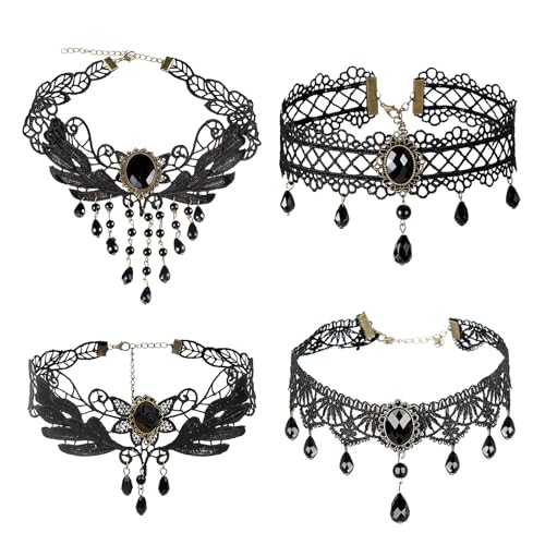 4PCS Gothic Halskette Set, Schwarz Spitze Choker Damen, Vintage Lolita Kostüm Zubehör, Gotisch Choker Halsband, Schwarz Spitze Kette, Gothic Schmuck...