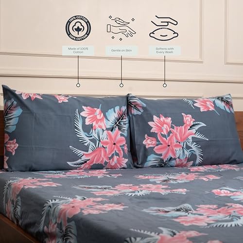 Image of Amazon Brand - Umi Cotton Fitted Bedsheet, Queen Size 78x60 Inches, Elastic Fit Bed Sheet, 10 Inch Deep Pocket, Soft Breathable Bedding, Durable Easy Care, with Pillow Cover-Twilight Blossom