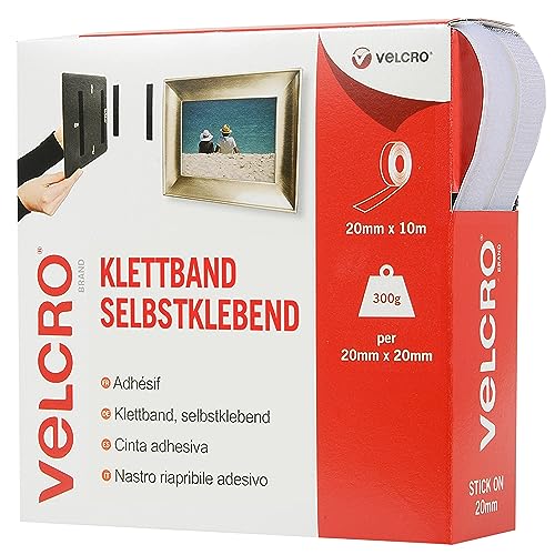 VELCRO Marke | Klettband Selbstklebend | Zuschneidbares, starkes, selbstklebendes Klettband mit Klettverschluss, perfekt fĂĽr Raumdekoration und Wohnaccessoires, Garage | WeiĂź | 20 mm x 10 m