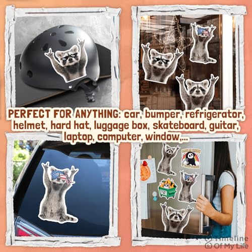 Image of (12 Pcs) Raccoon Stickers, Funny Rocking Raccoon Cute Car Decal- 5 Inches, Possum Racoon Gifts Waterproof Sticker Decal Car Laptop Wall Window Truck Bumper Stickers