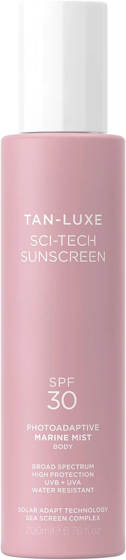 - Tan-Luxe Sci-Tech Sunscreen Marine Mist Body, Clear, Lightweight Body Sunscreen Spray With Solar Adapt Technology, Water-Resistant, Reef Safe, Vegan, 6.76 fl. oz/200 ml Bottle