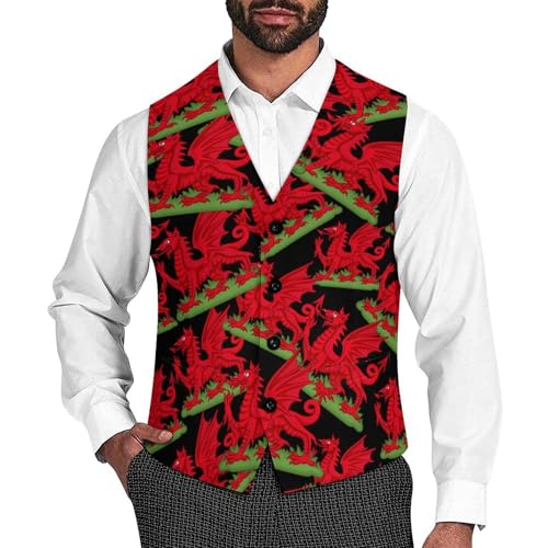 Dragon Badge of Wales Suit Vest for Men Waistcoat Dressy V Neck Button Down Sleeveless Business Jacket Coat