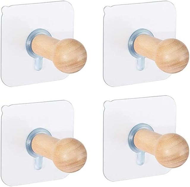4 pack Wooden Hocks, Esoes Self Adhesive Wall Hooks Natural Wood Decorative Coat Peg Hooks, Storage Hanger Wall Mounted Coat Hanging Hook for Bedrooms Bathrooms and Hallways, Clothes Scarf Hat and Bag
