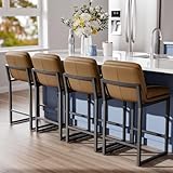 Sucrever Brown Bar Stools Set of 4, 24 inch Leather Counter Stools with Backs and Metal Frame, Counter Height Bar Stools for Kitchen Island