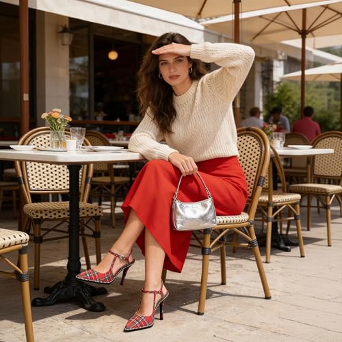 Image of SAMMITOP Womens High Heels Ankle Strap Pointed Toe Stilettos Patent Leather Beaded Pumps Dress Shoes 3.5 Inch