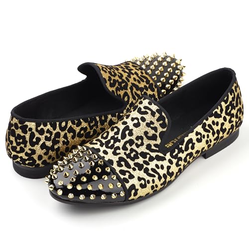 Men Leopard Print Dress Shoes Glitter Sequin Loafers Spikes Cap Toe3