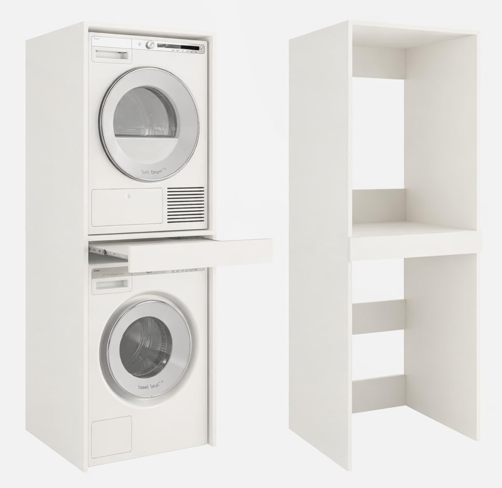 PLATAN ROOM Waschmaschine Trockner Schrank mit Ausziehbrett • Waschmaschinenschrank für Waschmaschine & Wäschetrockner • Überbauschrank 187 x 65 x 66 cm (Weiß)