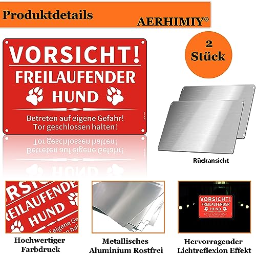 Vorsicht Hund Schild Aluminium Reflektierend 20×30cm, Freilaufender Hund Schild Metall, UV-Schutz, Wasserfest, Mit Bohrlöcher, Rot