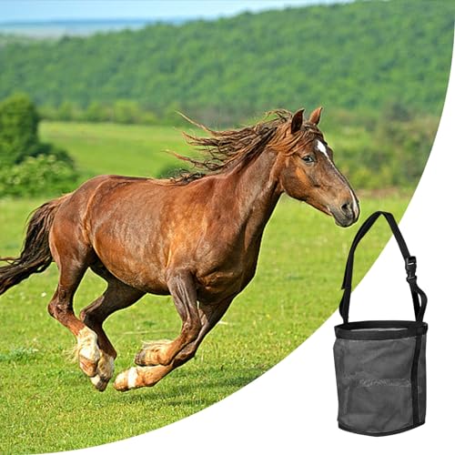 Pferdefutter Tasche, Futterbeutel für Pferde, 23,9 x 24,4 cm, Heavy-Duty Breathable PVC Mesh Getreide Futtertasche, mit verstellbarem Riemen und langlebigem Snap Pferd Maulkorb Futtertasche (Schwarz)
