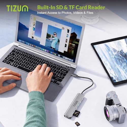 Image of Tizum 7-in-1 USB C HUB with 4K HDMI, 100W PD Charging, USB C & USB 3.0 5Gbps, USB 2.0, SD /TF Card Reader, Type C Multiport Adapter for MacBook Laptop, Tablet, Type C Dock Plug & Play, Aluminium Shell