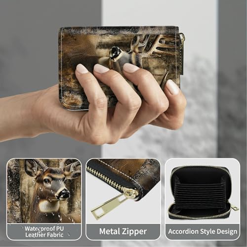 Image of Cute Credit Card Holder with Zipper, Camo Deer Tree RFID-Blocking Card Case Small Wallet for Women Men, Multi-slot Card Organizer Case Travel Accordion Wallet