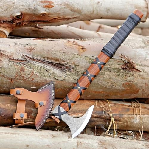 Viking Axe of Ragnar Lothbrok Axe with Rosewood Handle - Hand-Forged High Carbon Steel Sharp Blade Handmade Camping Ax Hatchet-Norse Axes Tomahawk Vikings Bearded Axes with Leather Sheath