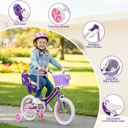 Image of XJD Girls Bike for Toddlers 3-9 Years Old Kids, 12 14 16 Inch Kids Bike with Training Wheels, Streamers, Basket and Doll Seat