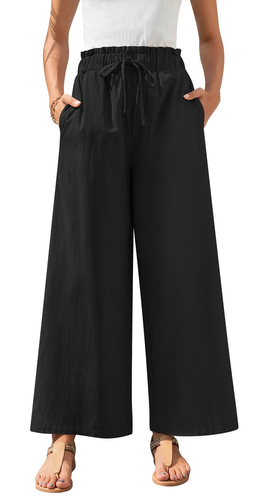 Anyally Womens Linen Summer Palazzo Pants Casual Flowy Wide Leg Drawstring High Waist Beach Trousers with Pockets