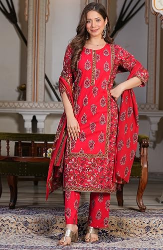 Image of Amayra Women's Pure Cotton Printed Straight Kurta Set with Palazzo pants & dupatta|Ethnic wear|Kurti Suit Set for Women