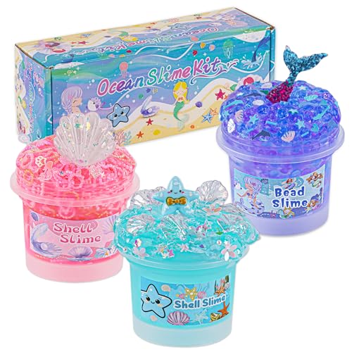 3 x 100mL Ocean Slime Kit for Girls & Boys: Mermaid Bead, Pink Crunchy & Blue Clear Slime, Sensory Experience DIY Slimes Set, Slimes Party Favors for Kids Birthday Easter Halloween Teens Gift