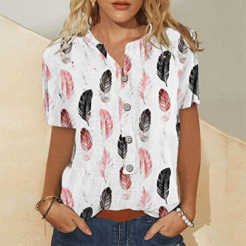 Outtop Summer Tee Shirt For Women Short Sleeve Button Down Casual Printed Shirt Neckline T Shirts Ladies Blouses Tops (Xxl, Pink) #TOP1