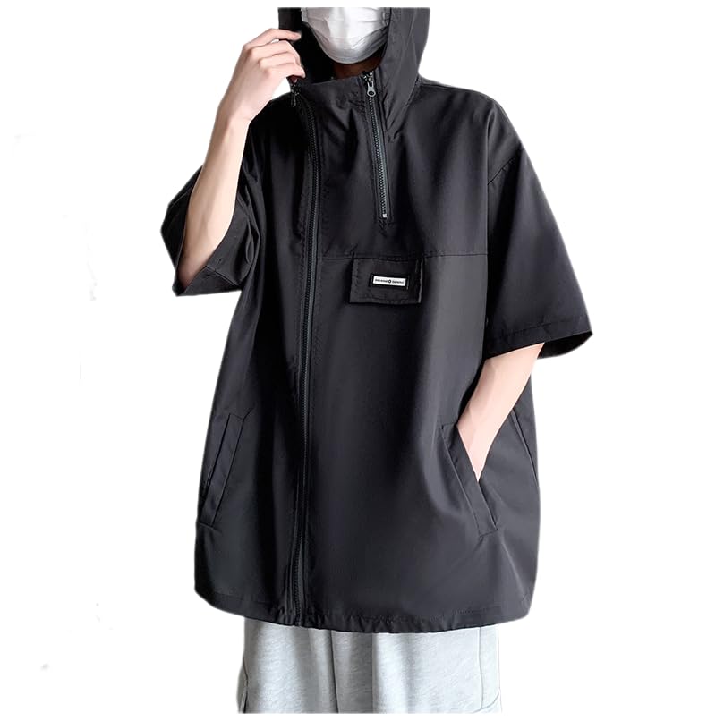 [bealight] メンズ パーカー 半袖 夏服 ジップアップパーカー 大きいサイズ ゆったり フード付き カジュアル おしゃれ グレー 涼しいDRY 接触冷感