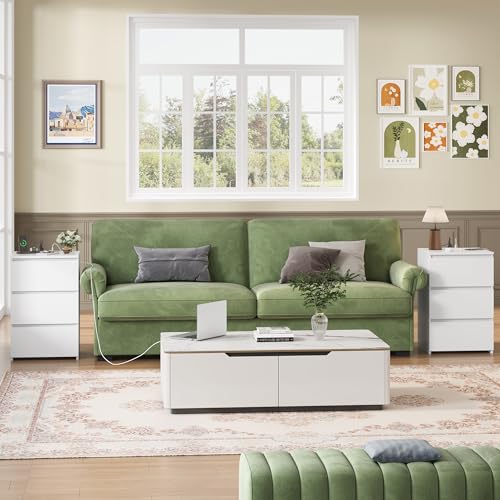 FOTOSOK White Nightstand, 26" H Night Stand with Charging Station, White Nightstand with USB Ports & Power Outlets, Silent Slides, Wooden End Side Table Bedside Table with 3 Drawers for Bedroom - Thumbnail 4
