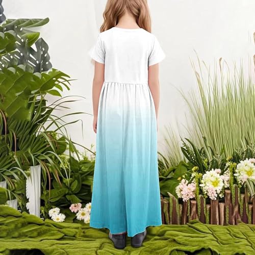 Girls Short Sleeve Maxi Dress Summer Gradient Sundress Long Pleated Casual Dresses with Pockets 4-14 Years3
