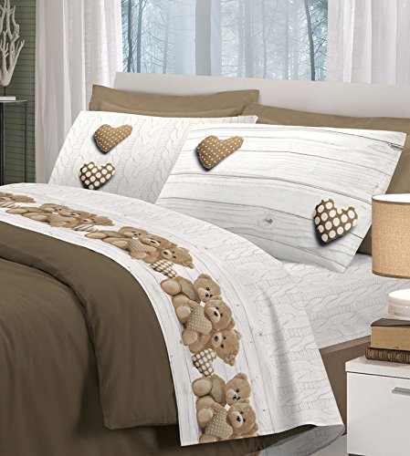 Centesimo Web Shop Completo Lenzuola Letto di Flanella Caldo Cotone in 3 Misure Prodotto in Italia - Fantasia Shabby Cuori Pois Orsetti - Una Piazza Singole Beige - Una Piazza Beige