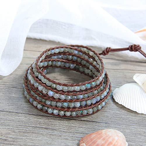 Image of C.QUAN CHI Natural Crystal Bead Bracelet Leather Wrap Bracelet 5 Wrap Stackable Braid Bracelet Bangle Jewelry Birthday Gifts
