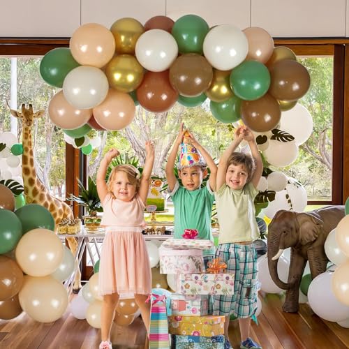 Image of BAUANOOY Green and Brown Balloons, 60pcs 12 Inch Safari Balloons with Sage Green Brown Nude Metallic Gold Latex Balloon for Jungle Forest Baby Shower Birthday Party Decorations