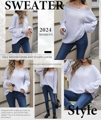 Image of MARZXIN Women's 2026 Fall Long Sleeve Sweaters Casual Loose Striped Off Shoulder Casual Oversized Knitted Sweater Pullovers