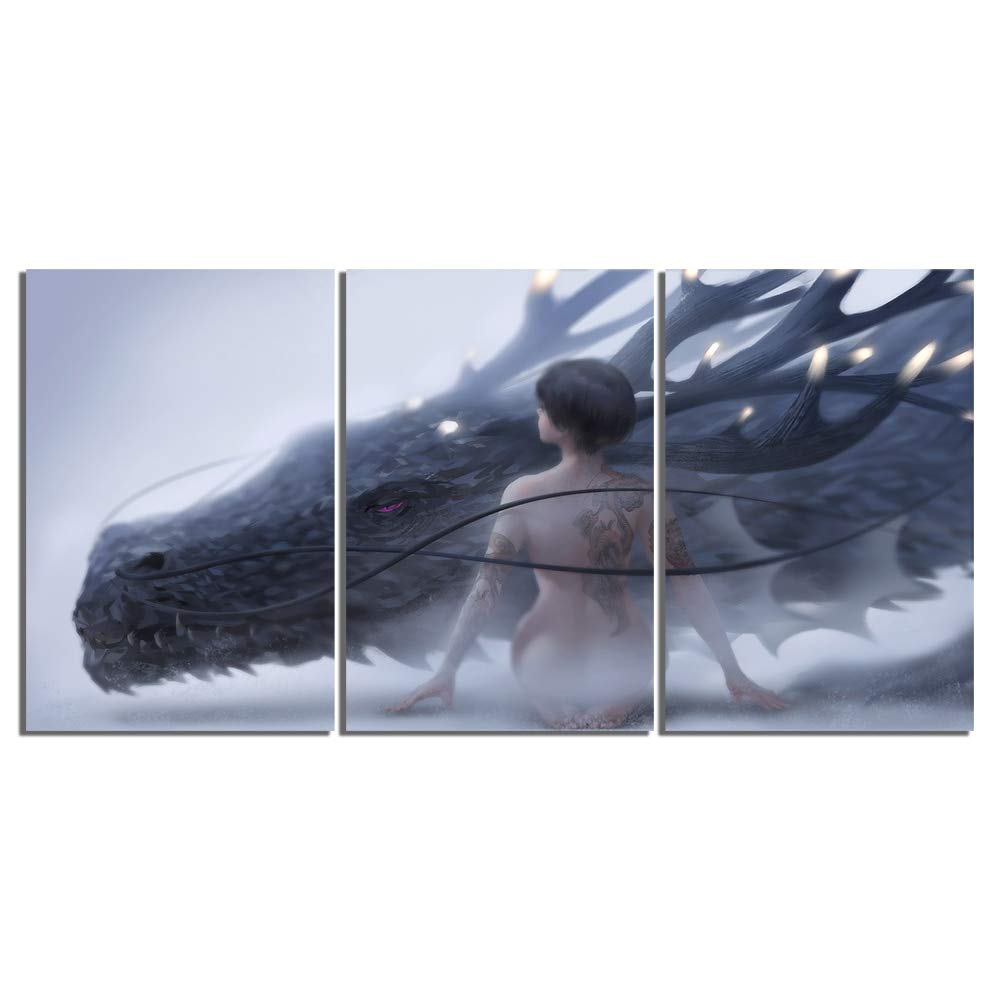 Tableau triptyque dragon haute définition sur toile pour décoration de salon