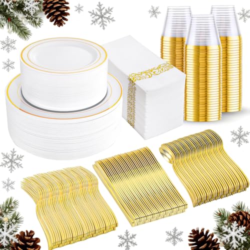 I00000 350Pcs Gold Dinnerware Set for 50 Guests, Gold Plastic Plates for Party, Include: 100 Disposable Plastic Plates, 50 Paper Napkins, 50 Cups, 50 Silverware Set Perfect for Party & Wedding