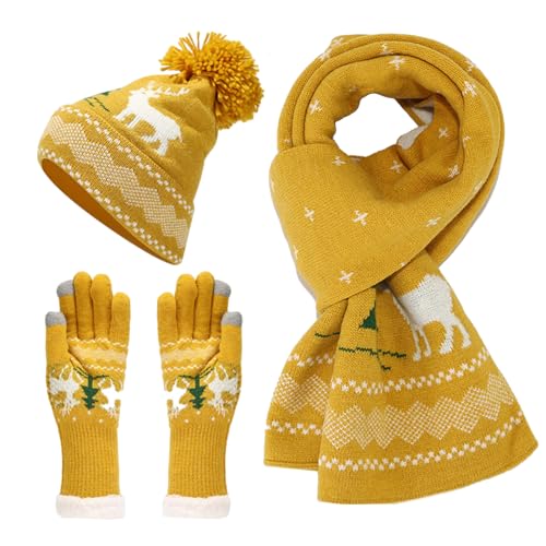 Juego de gorro, bufanda y guantes de punto rojo para invierno, unisex, con forro polar, para vacaciones, grueso, cálido, con reno, guantes de invierno para niñas, e, Talla única