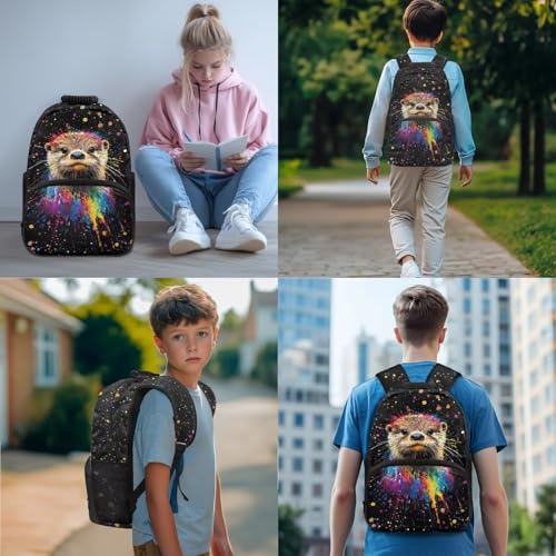 Suobstales Otter Paint Splatter Print 4 Pcs Backpack Student Schoolbag Set with Lunch Bag/Pencil Bag/Water Bottle Carrier Bag, Elementary School Backpack for Teens Girls2