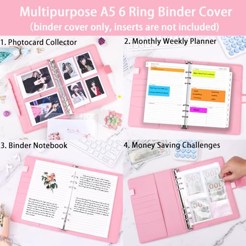 Image of Antner A5 Notebook Binder with 6 Ring Photocard Cover, PU Leather Refillable Budget Binder Loose Leaf Personal Organizer with Magnetic Buckle, Glitter Pink
