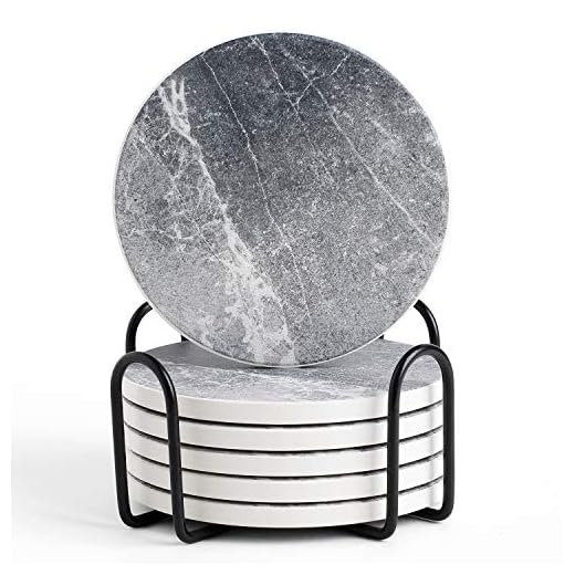 LIFVER Posavasos para bebidas absorbentes, 6 posavasos de cerámica con base de corcho, evita que los muebles se ensucien y se rayen, posavasos con soporte – posavasos grises no mármol