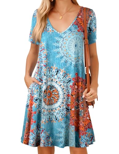 Image of JollieLovin Women T Shirt Plus Size Summer Swing Dresses Short Sleeve V Neck Loose Casual Dress(L-5X)